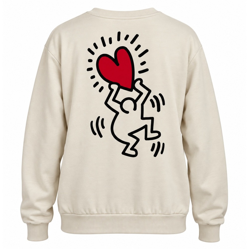 Keith Haring Love Heart Graphic Sweatshirt Cream Pullover Fleece Large
